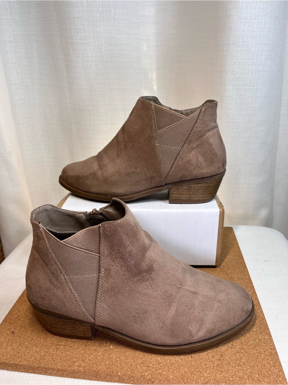 Torrid Taupe Faux Suede Side Zip Ankle Booties Size 7 WW Stacked Heel